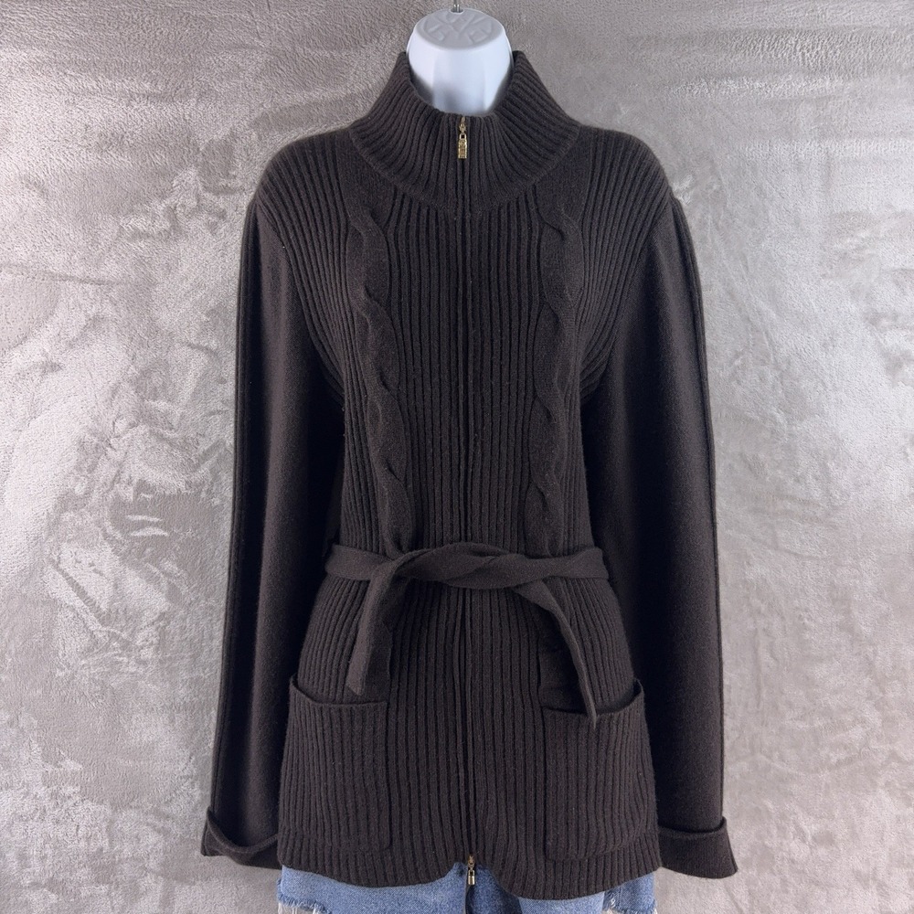 St. John Sport Sweater Jacket Womens Size Large Brown Rib Cable Knit Belted